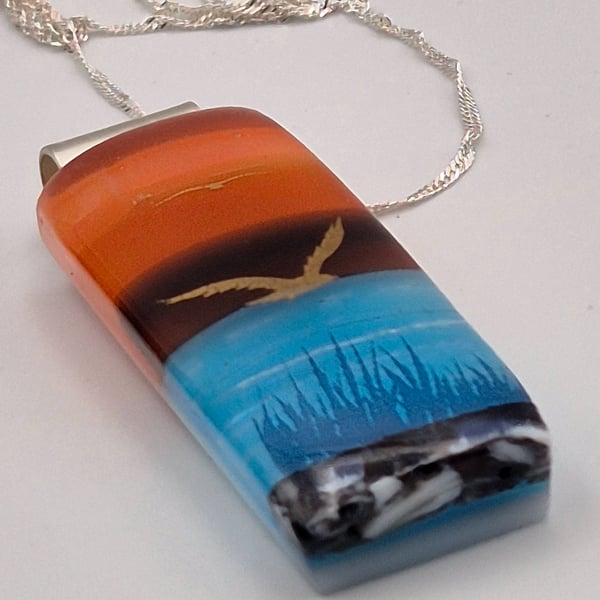 Sunset Over Water (16) Seascape Fused Glass Pendant
