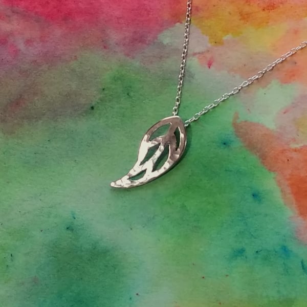 Textured Teardrop Leaf Silver Pendant with Sterling Silver 16" Trace Chain