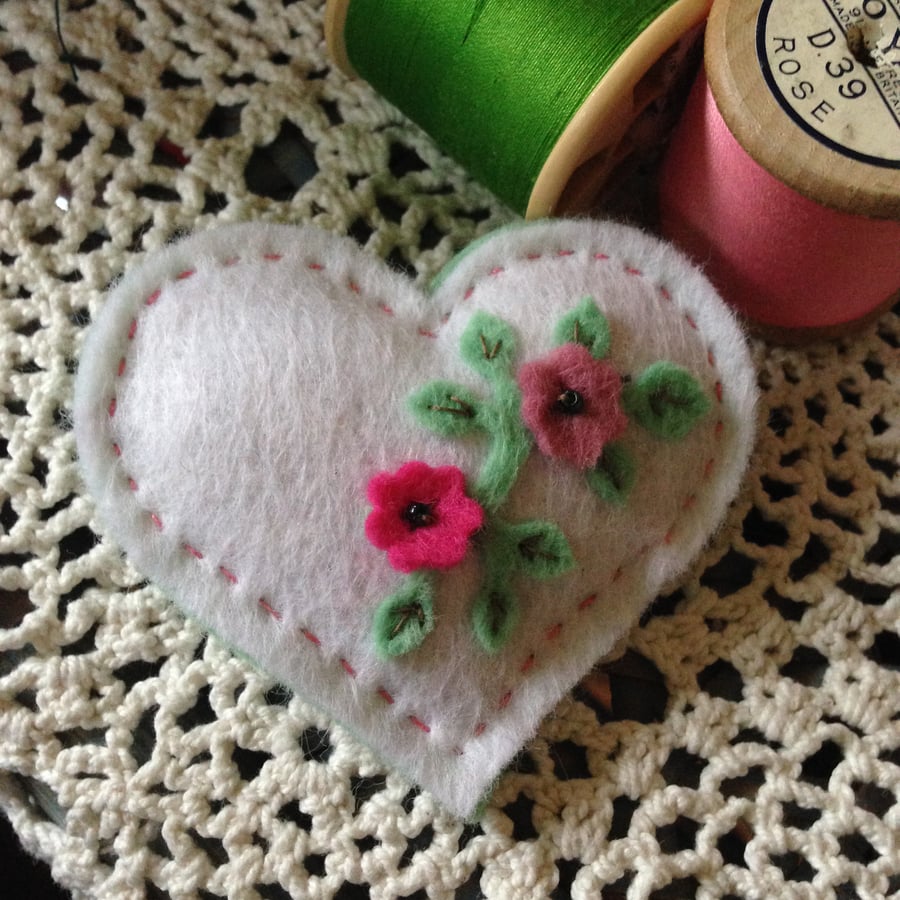 White heart floral brooch