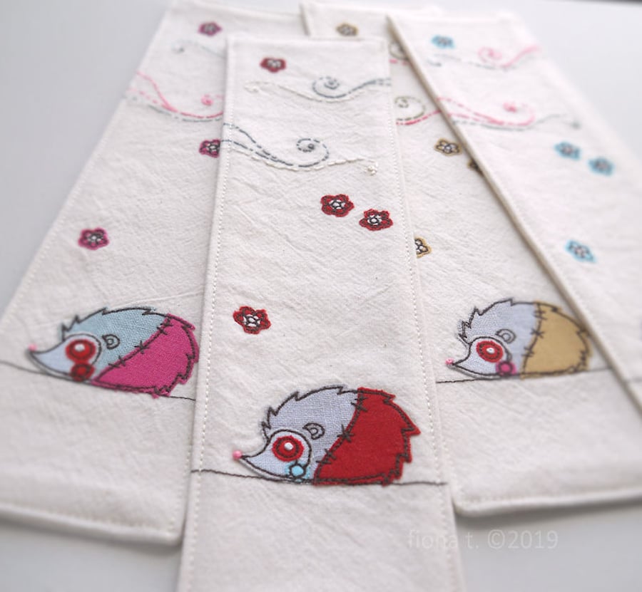 free motion & hand embroidered zombie hedgehog bookmark - 5 colours available