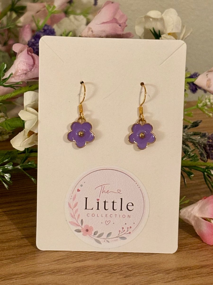 Purple Floral Dangle Earrings, Enamel Flower Charms, Handmade Jewellery