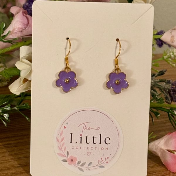Purple Floral Dangle Earrings, Enamel Flower Charms, Handmade Jewellery
