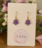 Purple Floral Dangle Earrings, Enamel Flower Charms, Handmade Jewellery