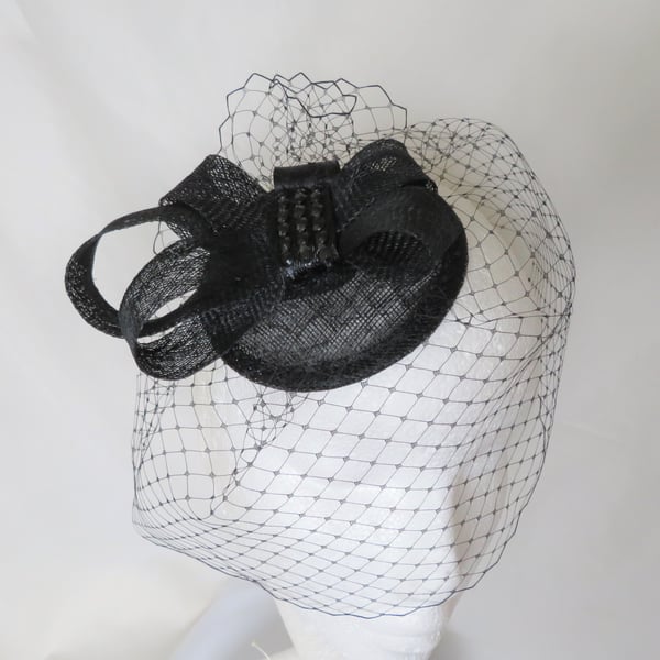 Black Sinamay Bow Crystal & Veil Gothic Funeral Wedding Fascinator Mini Hat