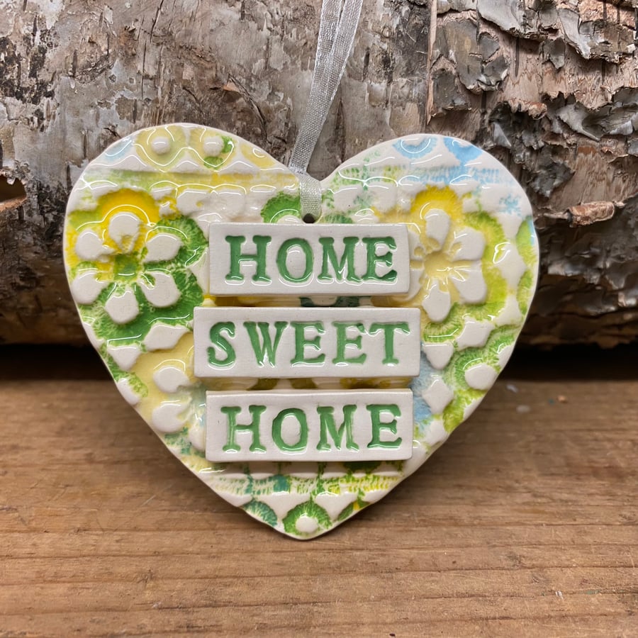 Ceramic heart hanging decoration  Home Sweet Home Flower pattern