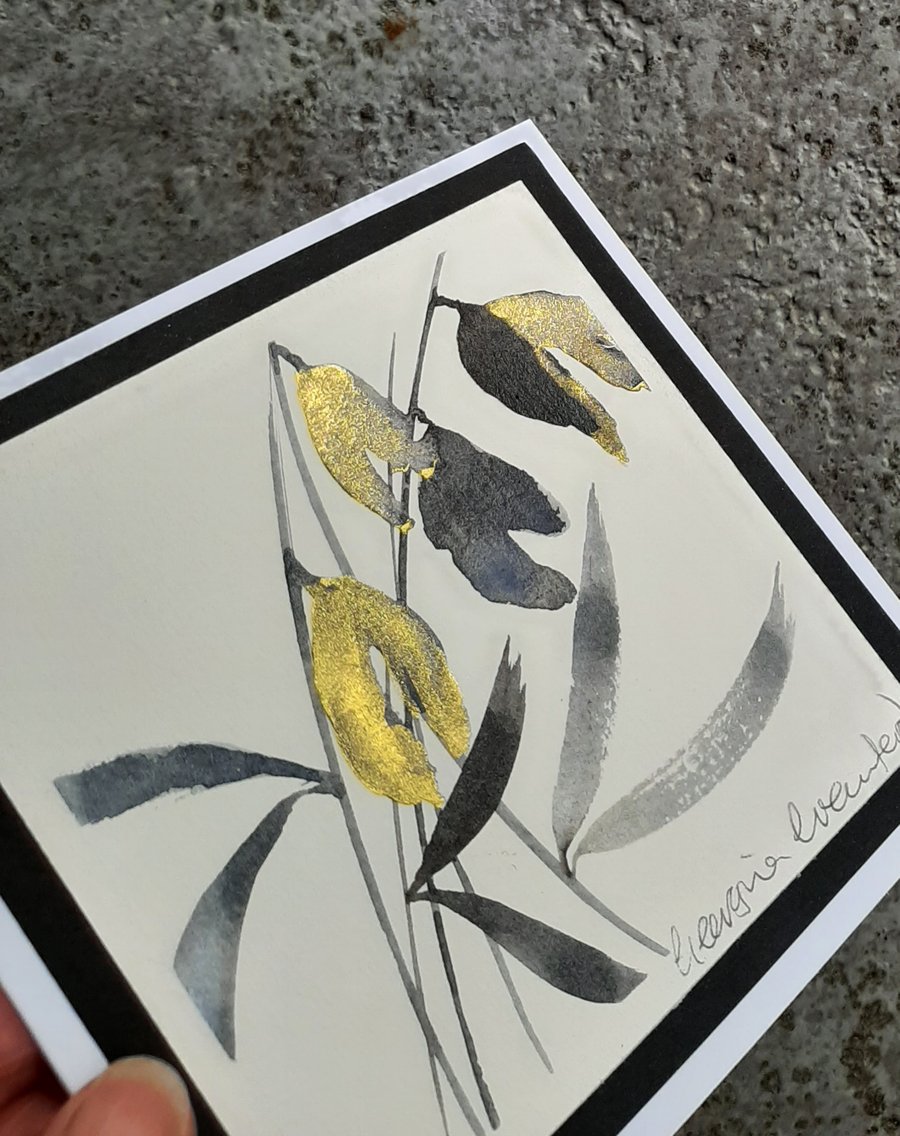 Handpainted Blank Card. Monochrome Seed Pods With Gold Sparkle