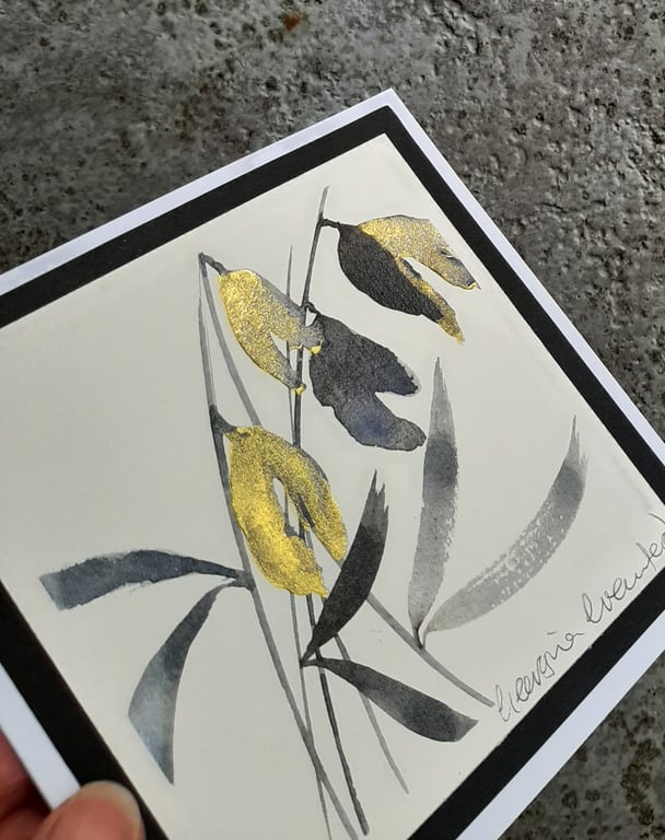 Handpainted Blank Card. Monochrome Seed Pods With Gold Sparkle