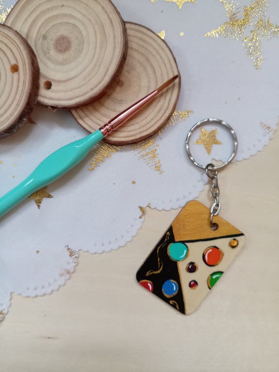 Wooden rectangular colourful bubbles keyring 