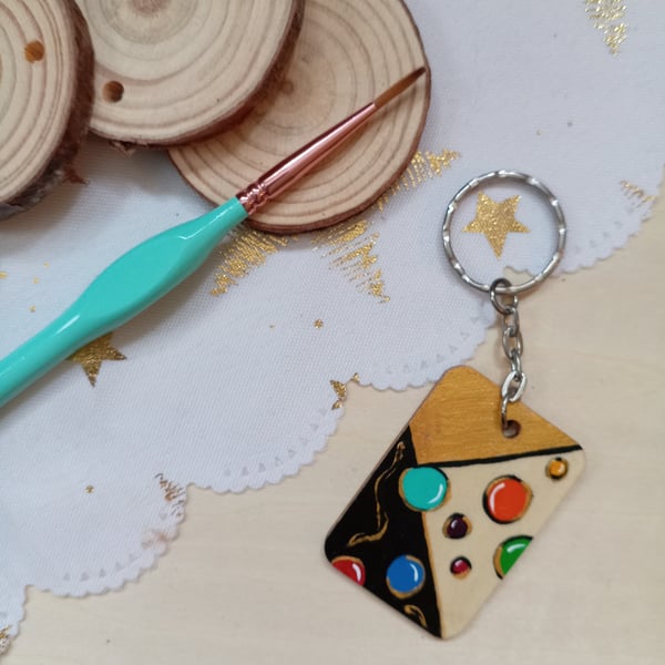 Wooden rectangular colourful bubbles keyring 