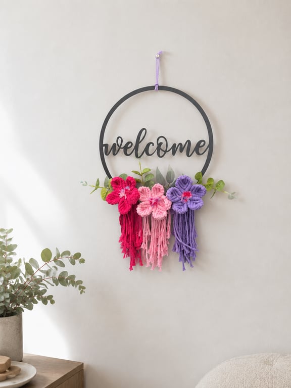 Boho Welcome Hoop Wreath - Macrame Flowers, Tassels, Floral Decor