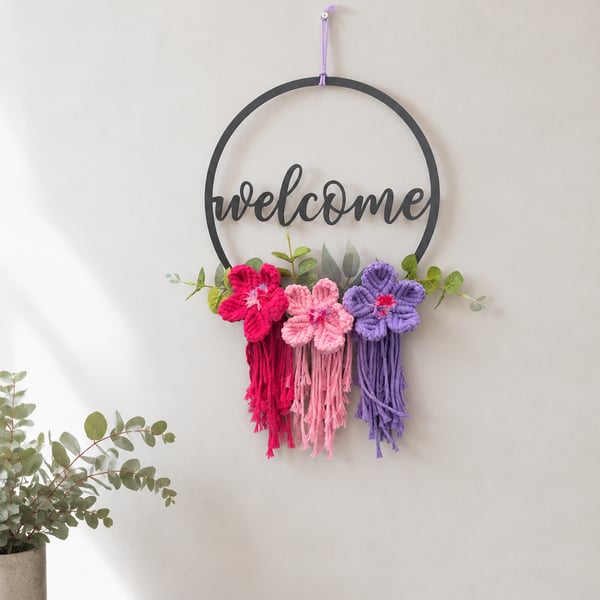 Boho Welcome Hoop Wreath - Macrame Flowers, Tassels, Floral Decor
