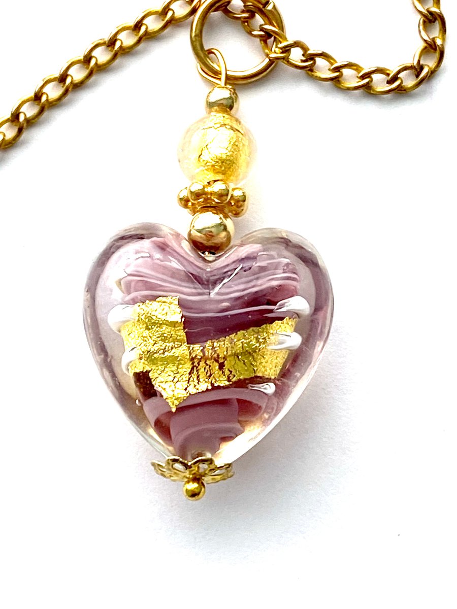 Murano Glass gold and purple Murano Glass heart pendant with gold chain.