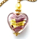 Murano Glass gold and purple Murano Glass heart pendant with gold chain.