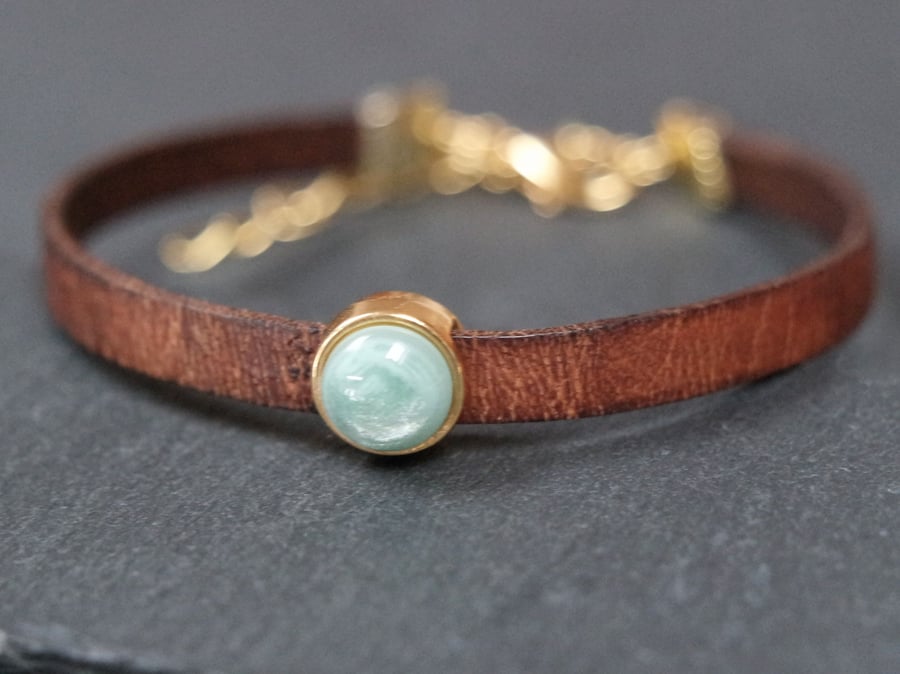 Leather bracelet - turquoise swirl brown gold