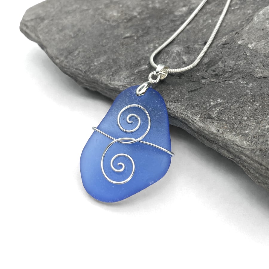 Tumbled Glass Pendant - Blue Glass - Silver Handmade Celtic Necklace Jewellery