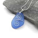 Tumbled Glass Pendant - Blue Glass - Silver Handmade Celtic Necklace Jewellery