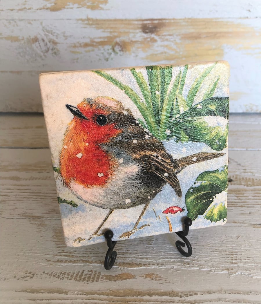 Robin Natural Stone Coaster, Robin Gift, Christmas Robin, Robins Appear when Ang