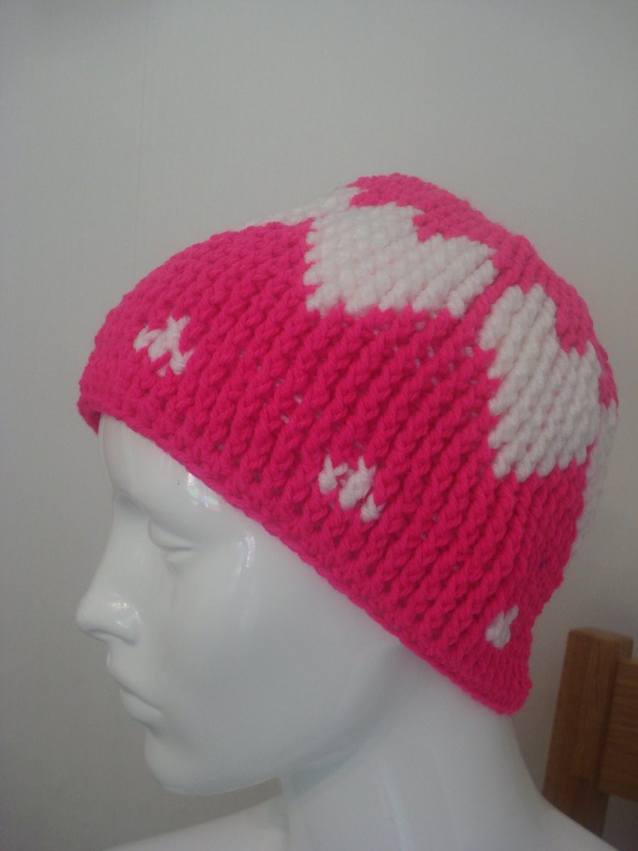 Crochet Hats With Hearts, Really Thick Wool & Acrylic Two Colours
