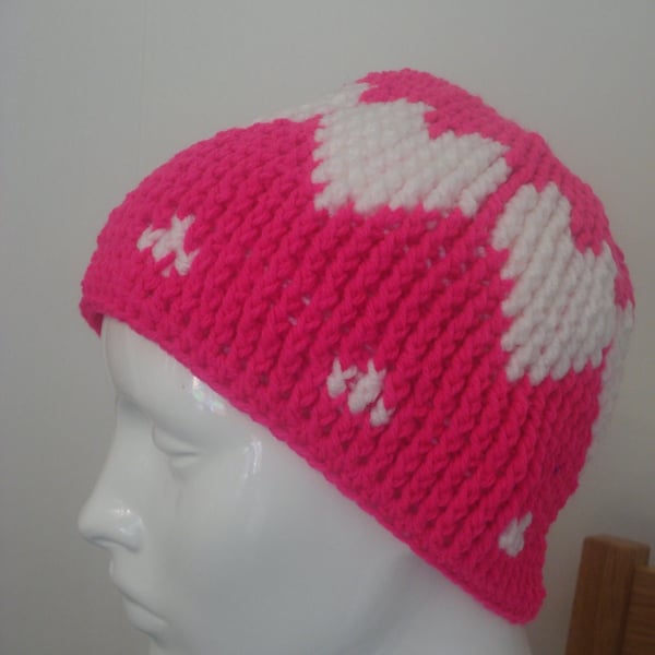 Crochet Hats With Hearts, Really Thick Wool & Acrylic Two Colours