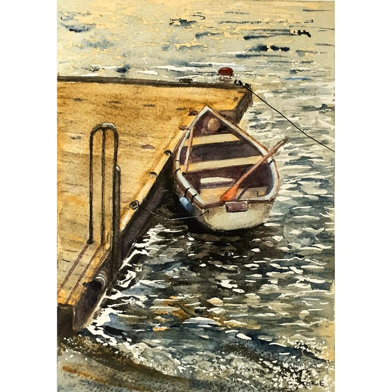 Boat on Cornish Lake Original Watercolour Painting Mounted
