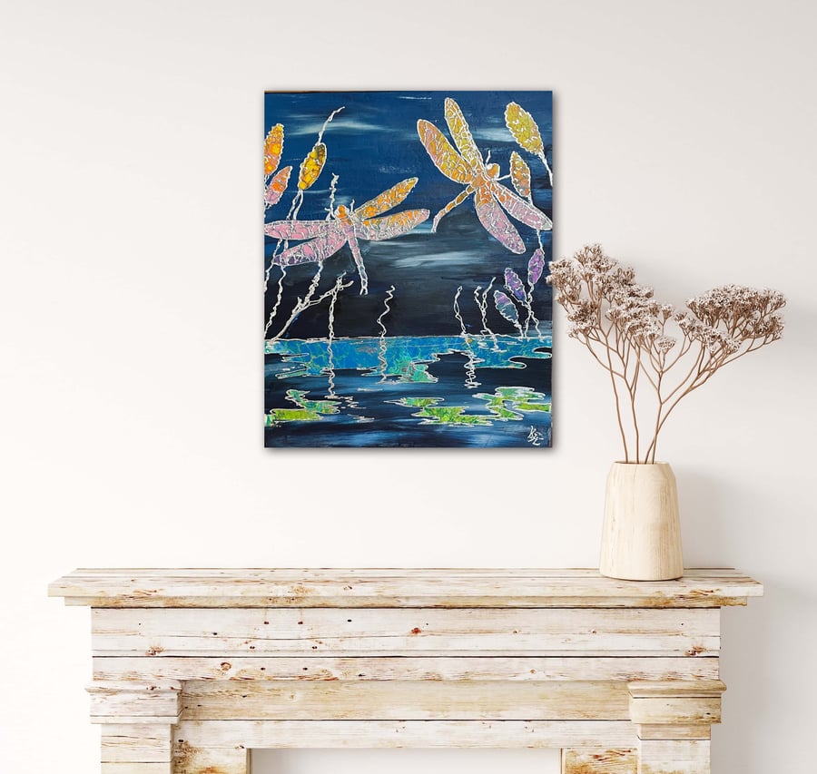 Original Painting - Dragonflies over Water 45 x 55cm FREE UK POSTAGE 