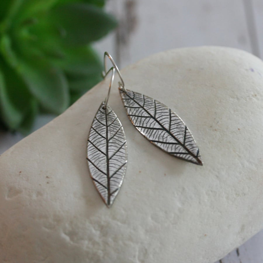 Fine silver long leaf earrings