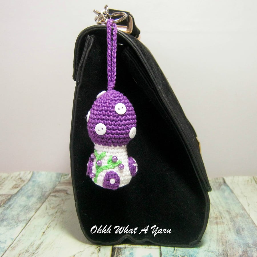 Crochet purple toadstool, mushroom fairy house decoration, bag charm 
