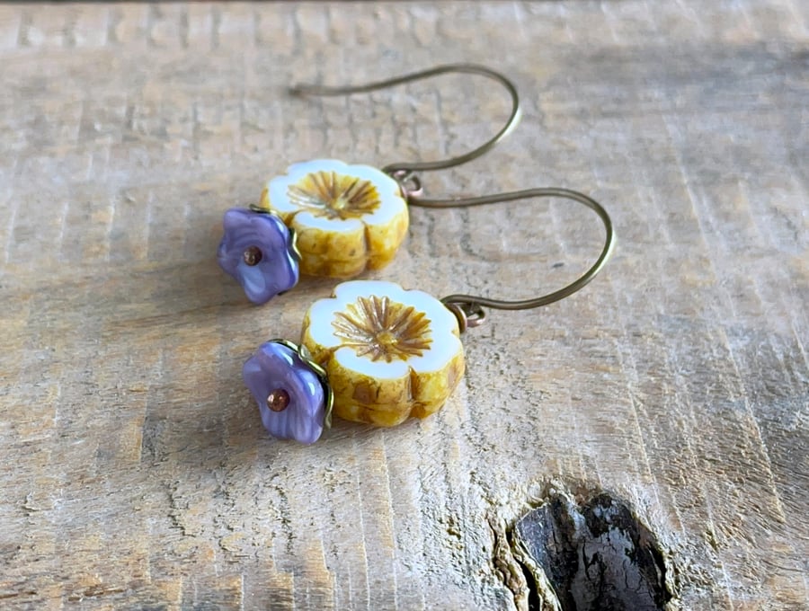White & Purple Czech Glass Flower Earrings. Spring Inspired Floral Earrings