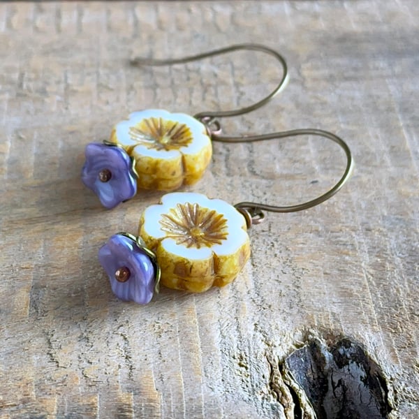 White & Purple Czech Glass Flower Earrings. Spring Inspired Floral Earrings