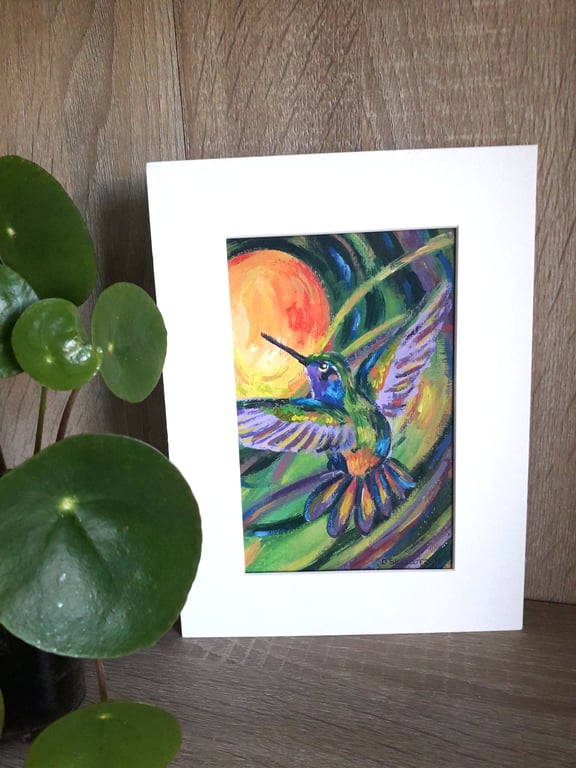 Bright Hummingbird small painting, letter box gift.   