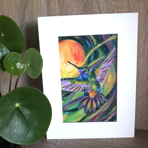 Bright Hummingbird small painting, letter box gift.   