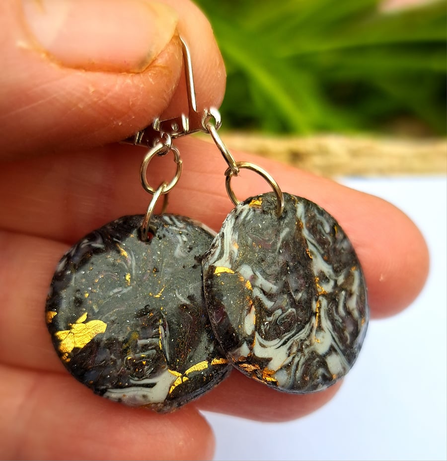 Circular polymer clay handmade earrings black, white, gold leaf and translucent 