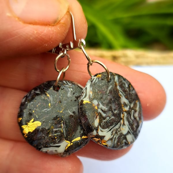 Circular polymer clay handmade earrings black, white, gold leaf and translucent 