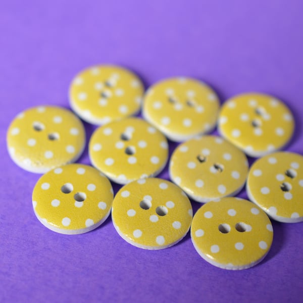 15mm Wooden Spotty Buttons Yellow White 10pk Spot Dot (SSP23)