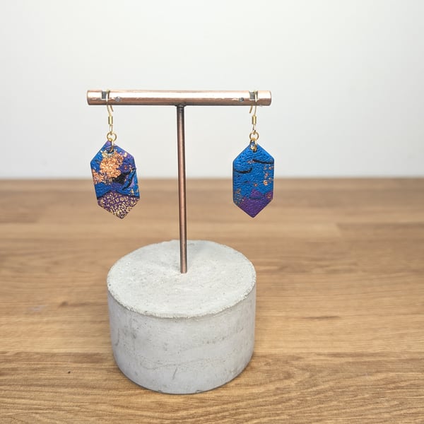 Purple patchwork diamond dangle earrings 