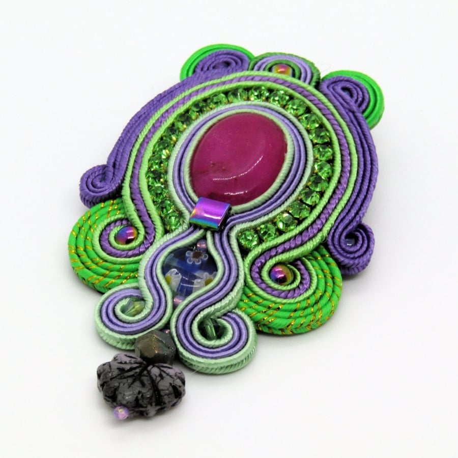 Green Purple Soutache Brooch Jade Statement Handmade Textile Jewellery