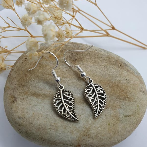 silver plated earrings with delicate filigree leaf charms