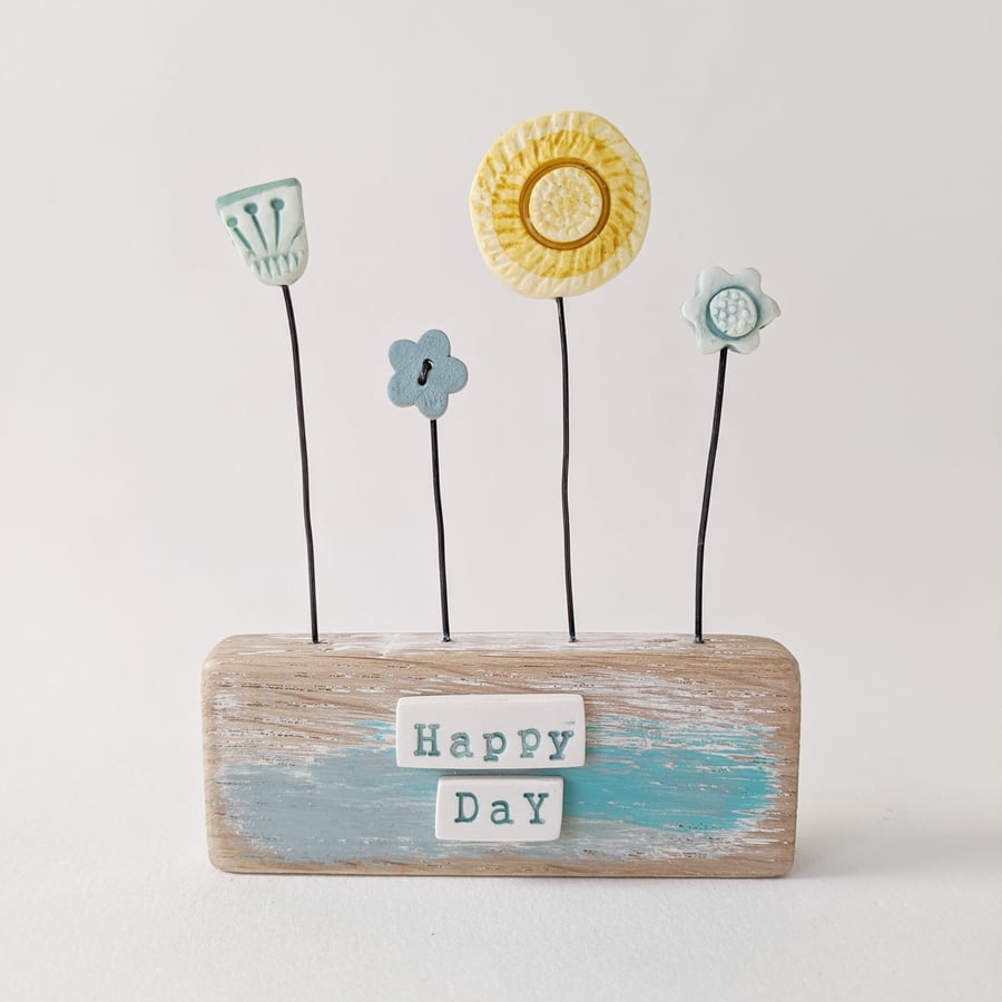 Clay and Button Flower Garden in a Wood Block 'Happy Day'