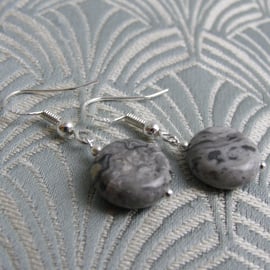 Jasper Earrings, Short Dangle Earrings, Black Grey Earrings CC75