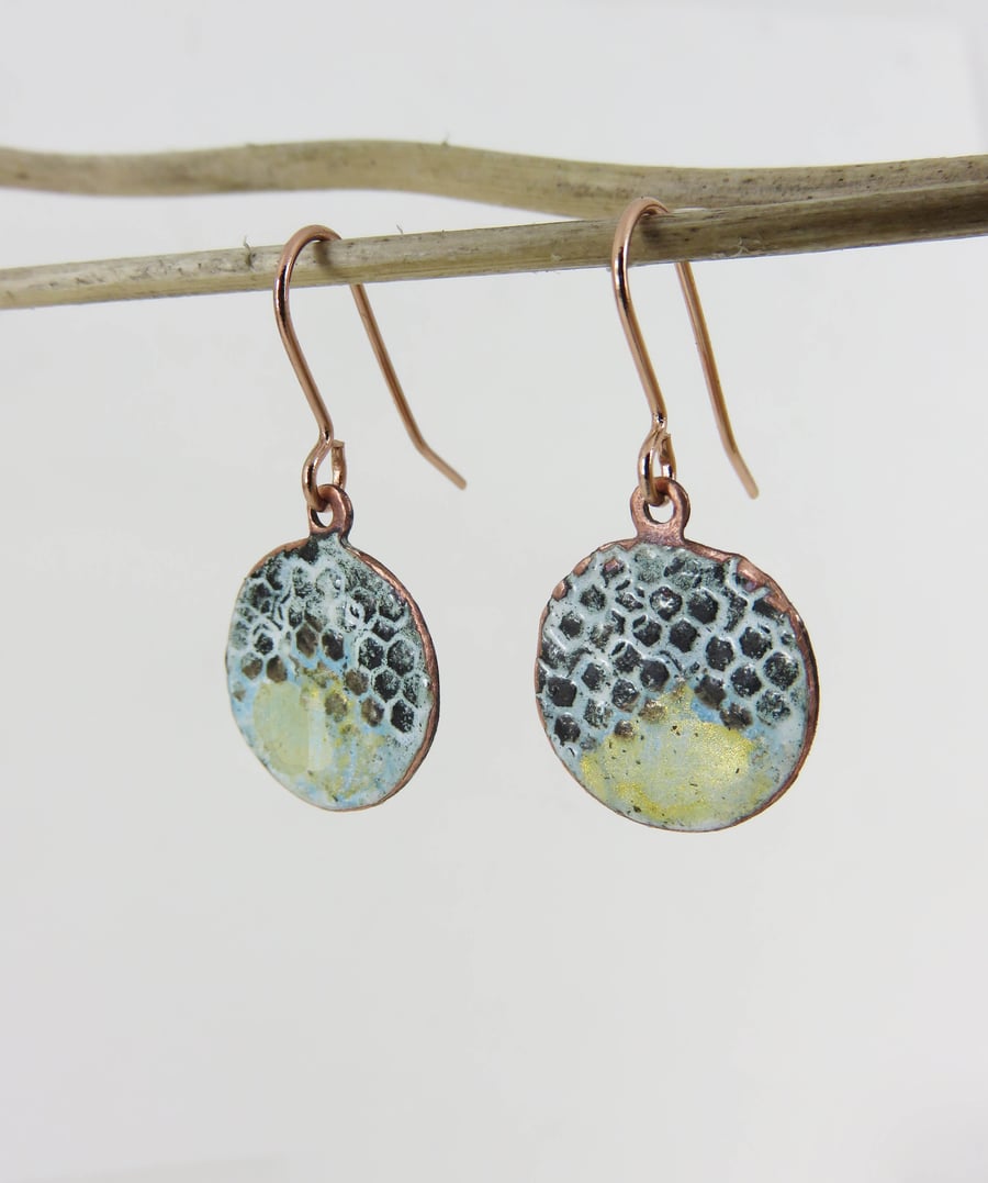 Enamel and Textured Copper Dangle Earrings with Gold Shimmer