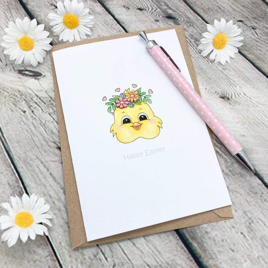 Easter Chick with Floral Crown Card - Easter Card - Cute Easter Card 