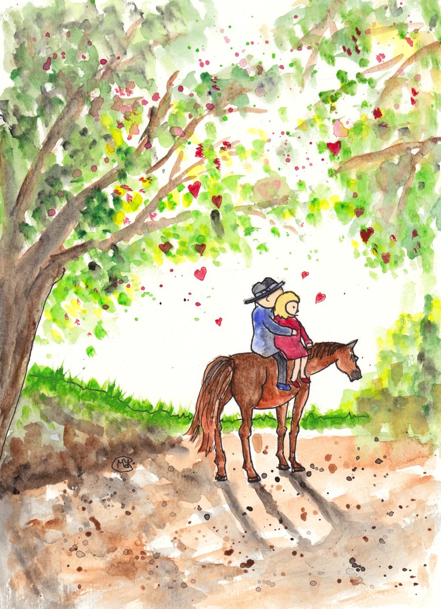 Horse and loving couple original painting. Anniversary, wedding, engagement