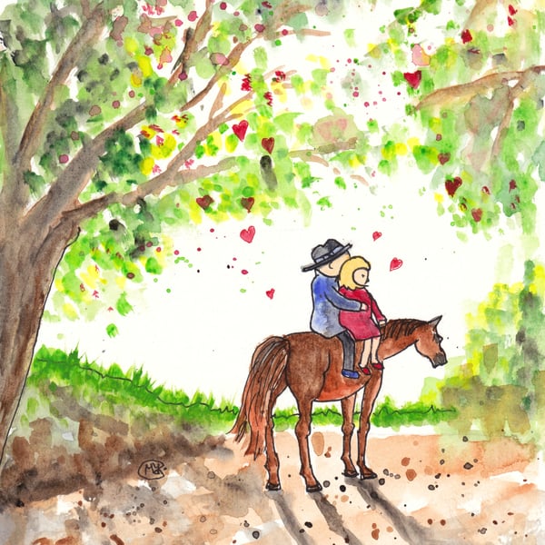 Horse and loving couple original painting. Anniversary, wedding, engagement