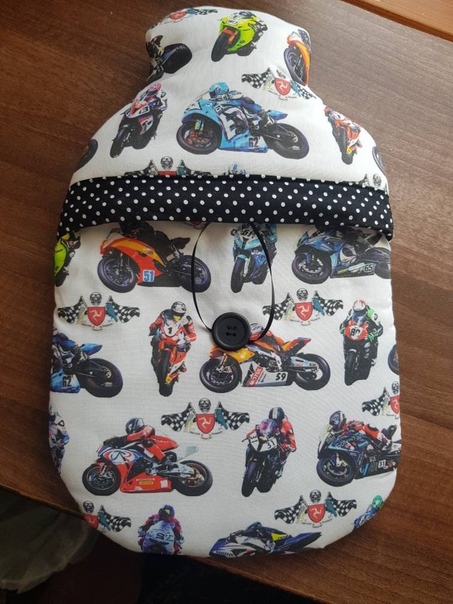 Motorbike fabric hot water bottle cover (with bottle)