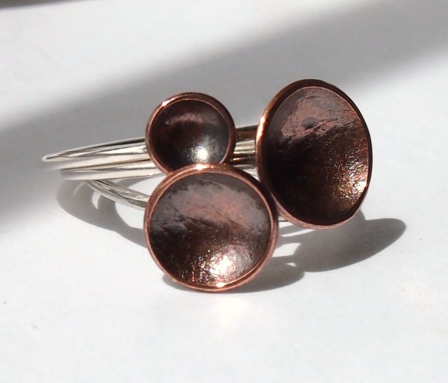 Three Silver and Copper Grass Seed Cup Stacking Rings