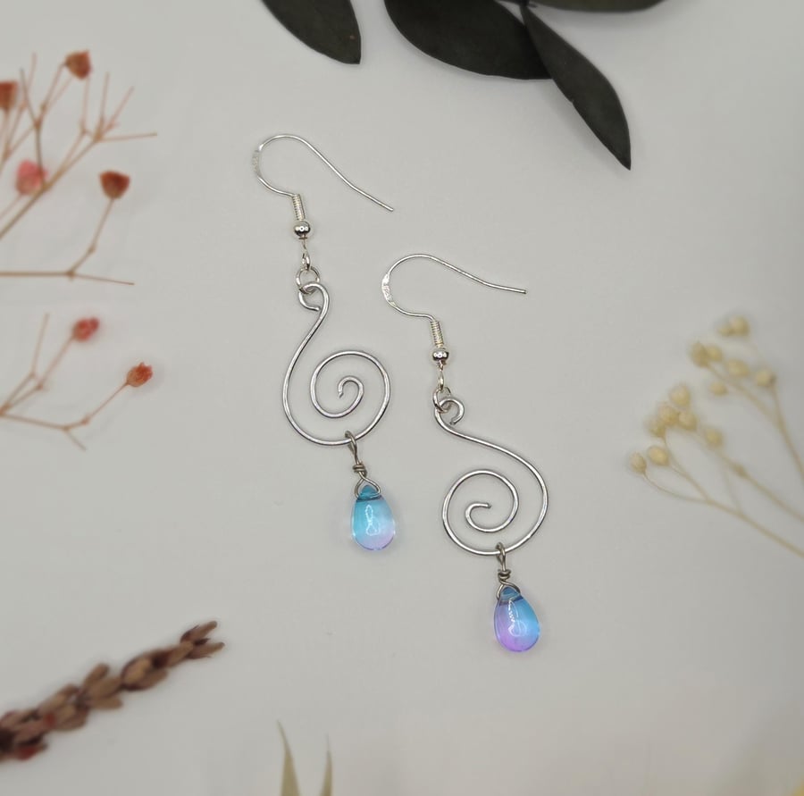 Sterling silver spiral wire dangle earrings with teardrop bead charms