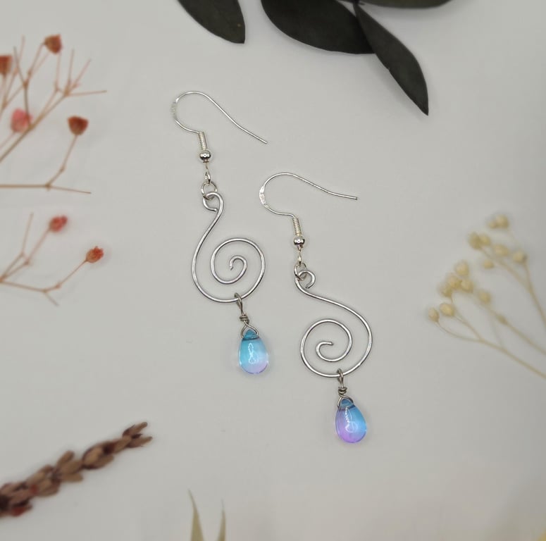 Sterling silver spiral wire dangle earrings with teardrop bead charms