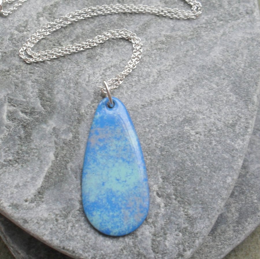 Tones Of Blue Enamelled Copper Pendant With Sterling Silver Chain