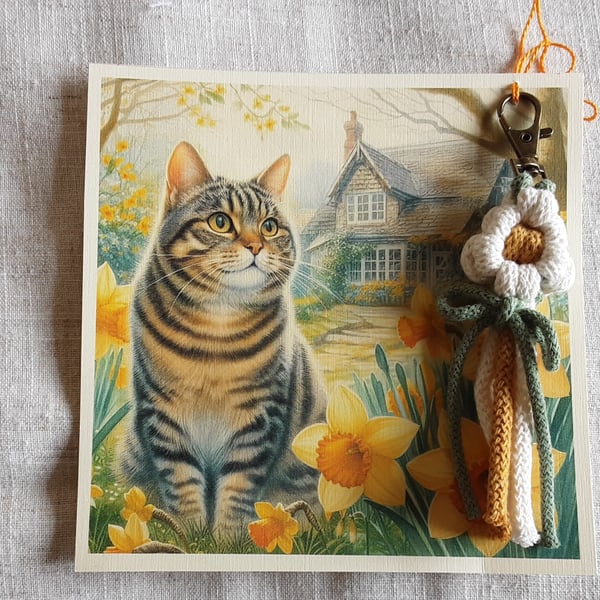 Bag keyring  cat lover gift handbag accessory daffodils Easter tabby cat.