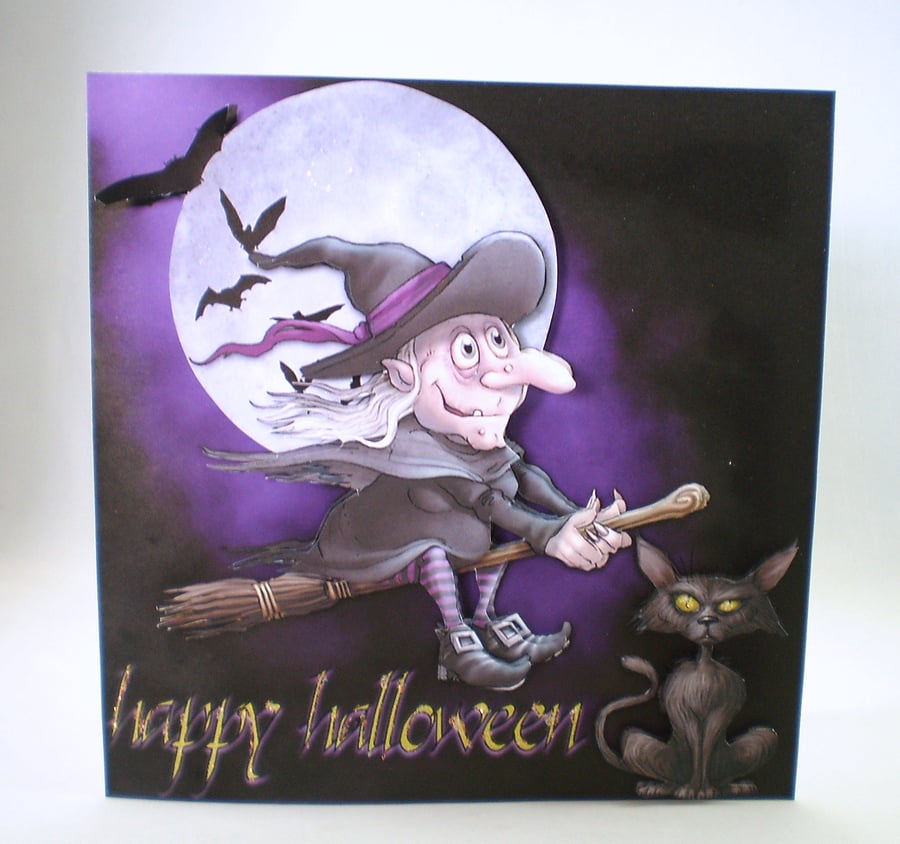 Handmade 3D Halloween Greeting Card,Witch,broomstick,cat